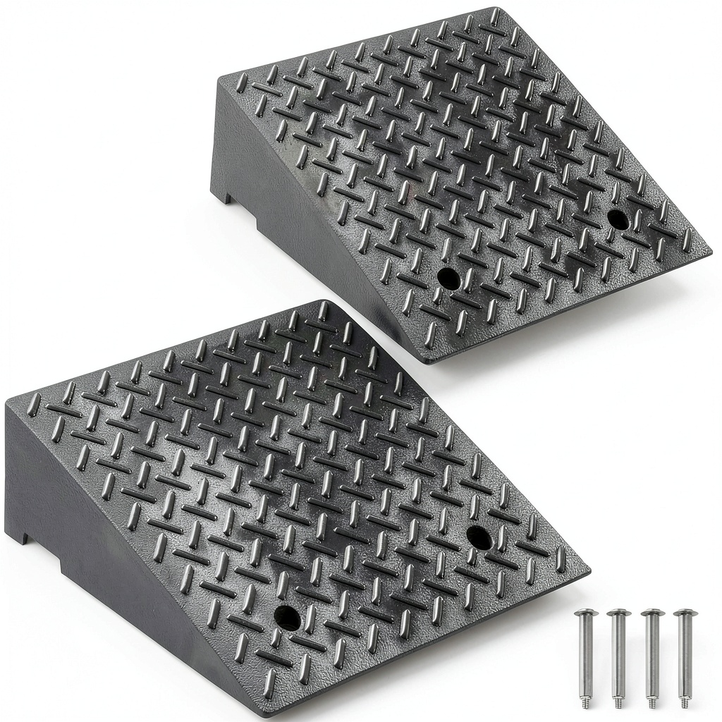 VEVOR 7000lb rubber curb ramp installed on a residential garage concrete floor