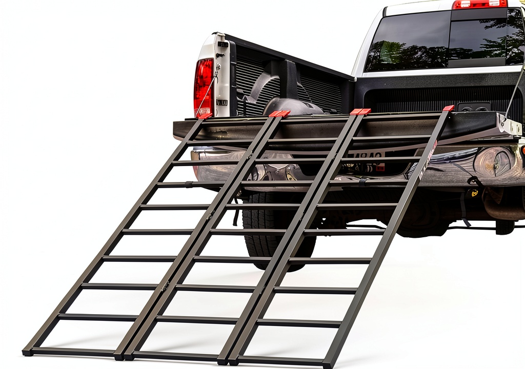 Black Widow loading ramp folded in a truck bed